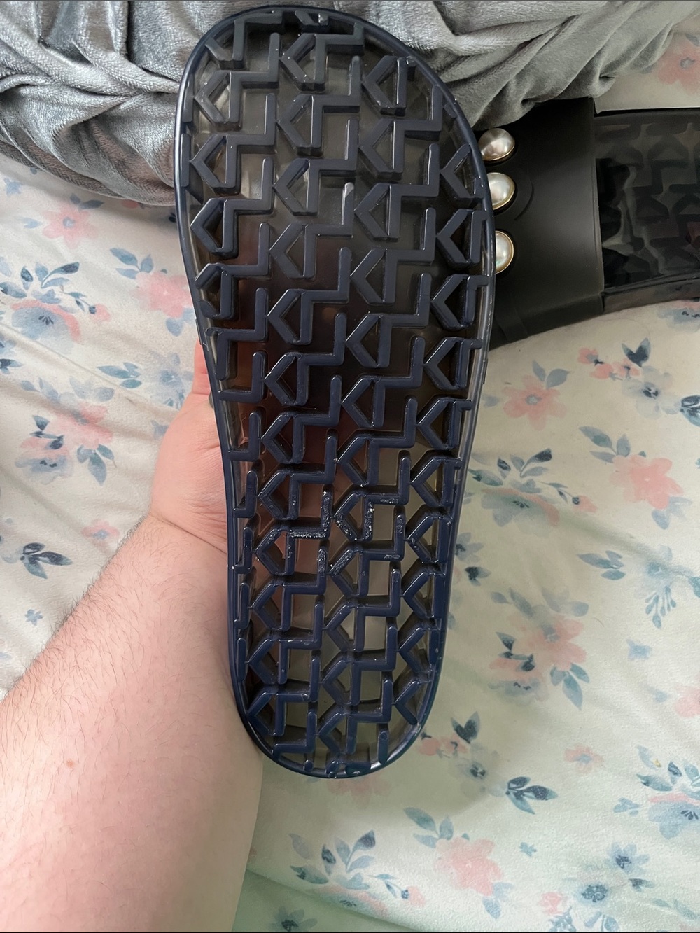 Karl Lagerfeld Black Slide Sandals with Pearl Accents - Picture 3 of 3